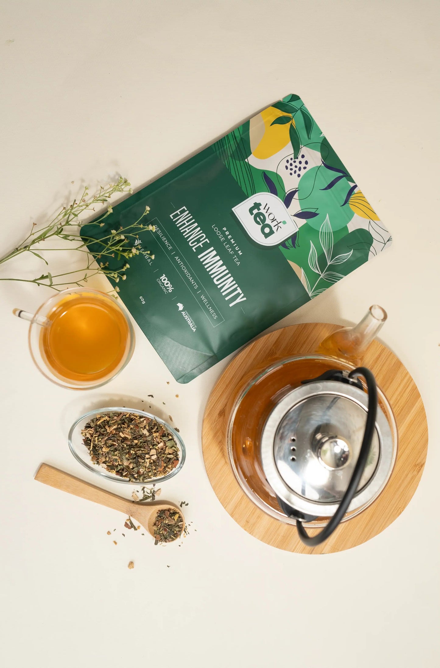 Enhane immunity with tea cup  , spoo and kattle
